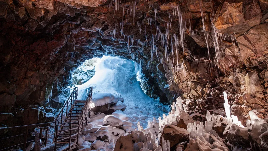 Icicles and ice formations at the entrance of a lava tunnel